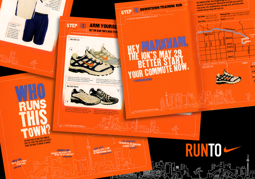 Ad campaign for a NIKE sponsored 10k run in Toronto: Who Runs This Town booklet